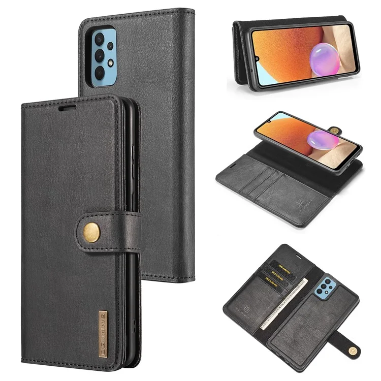 DG.MING Detachable 2-in-1 Leather Wallet TPU Case for Samsung Galaxy A32 4G (EU Version) Cover - Black