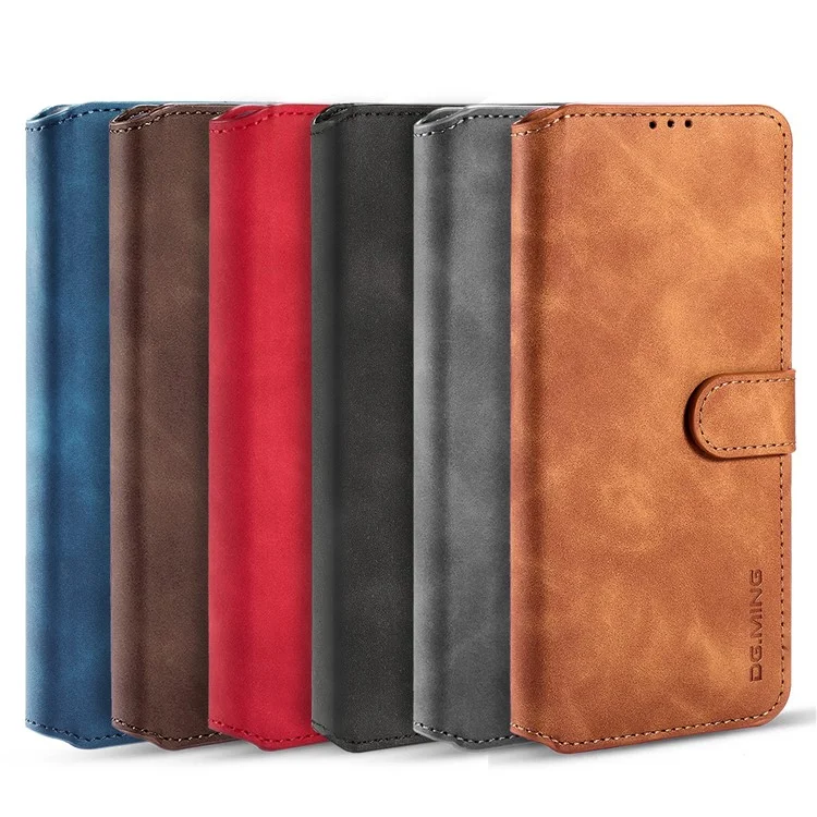 DG.MING Retro Style Full-Protection Leather Wallet Stand Phone Case Cover for Samsung Galaxy S21 FE - Black