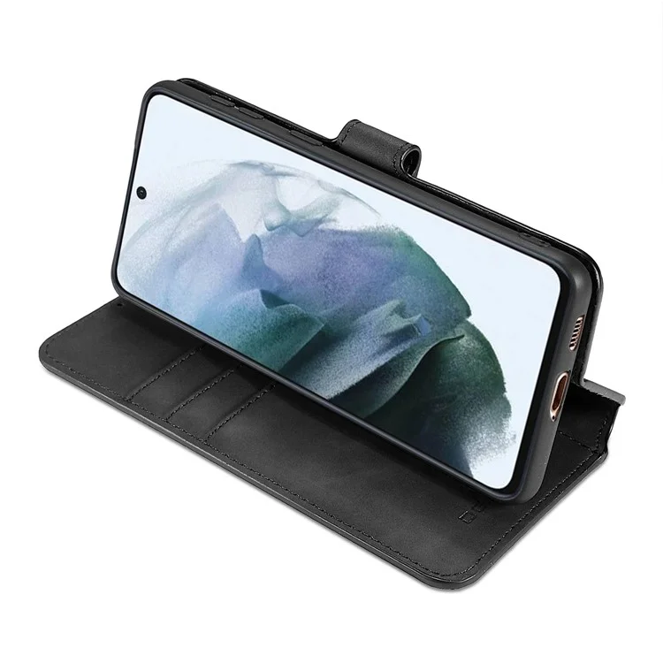 DG.MING Retro Style Full-Protection Leather Wallet Stand Phone Case Cover for Samsung Galaxy S21 FE - Black