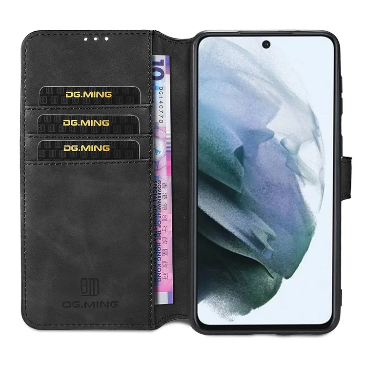 DG.MING Retro Style Full-Protection Leather Wallet Stand Phone Case Cover for Samsung Galaxy S21 FE - Black