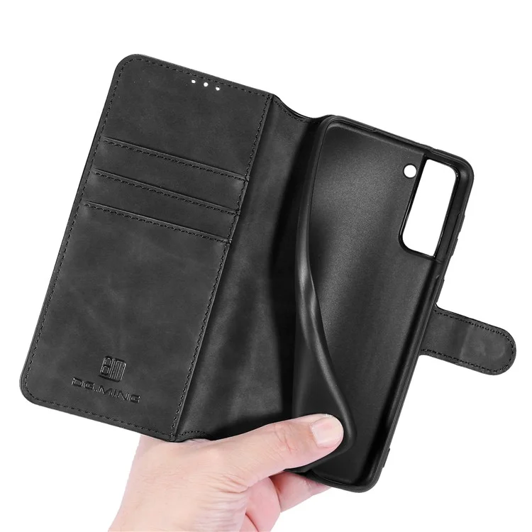 DG.MING Retro Style Full-Protection Leather Wallet Stand Phone Case Cover for Samsung Galaxy S21 FE - Black