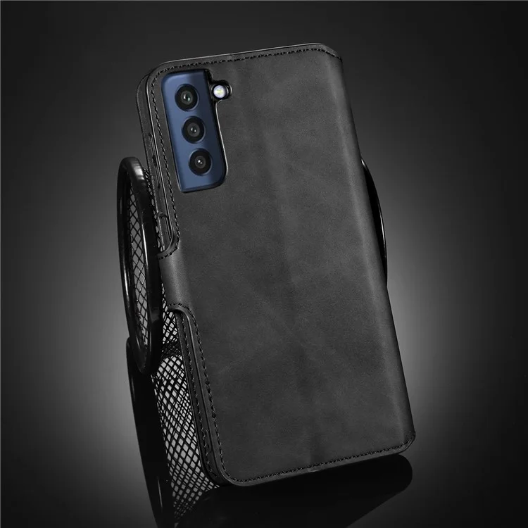 DG.MING Retro Style Full-Protection Leather Wallet Stand Phone Case Cover for Samsung Galaxy S21 FE - Black