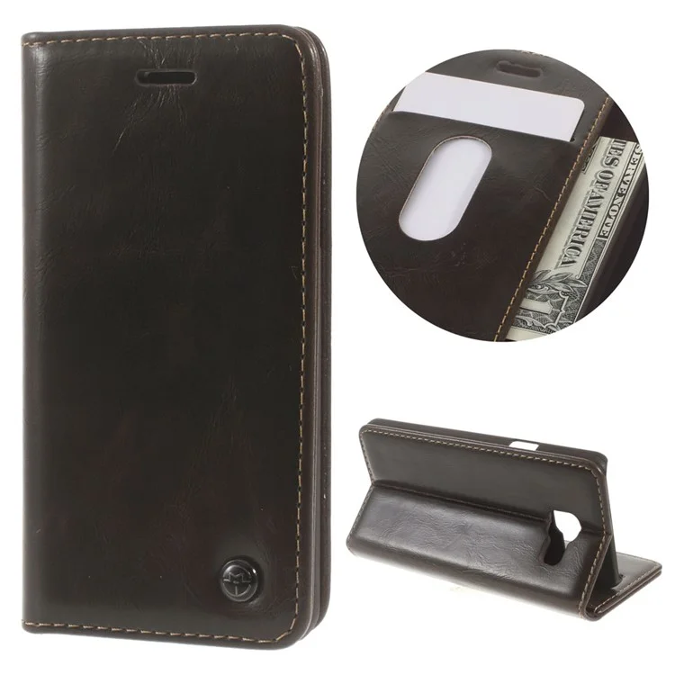 CASEME Oil Wax Folio Leather Protective Shell for Samsung Galaxy A3 SM-A310F (2016) - Brown