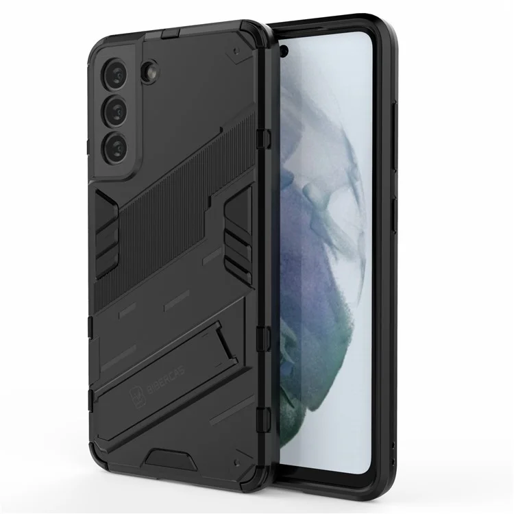 Anti-scratch PC + Case Híbrido de TPU Capa Traseira de Telefone a Prova de Choque com Suporte para Samsung Galaxy S21 FE - Preto