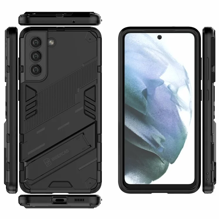 Anti-scratch PC + Case Híbrido de TPU Capa Traseira de Telefone a Prova de Choque com Suporte para Samsung Galaxy S21 FE - Preto