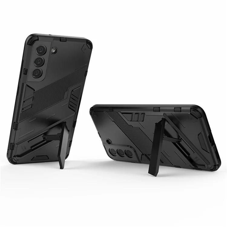 Anti-scratch PC + TPU Hybrid Phone Back Case Shockproof Cover with Kickstand for Samsung Galaxy S21 FE - Black