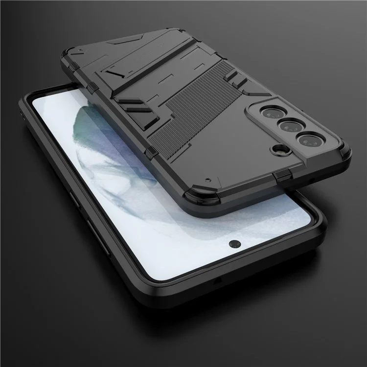 Anti-scratch PC + Case Híbrido de TPU Capa Traseira de Telefone a Prova de Choque com Suporte para Samsung Galaxy S21 FE - Preto