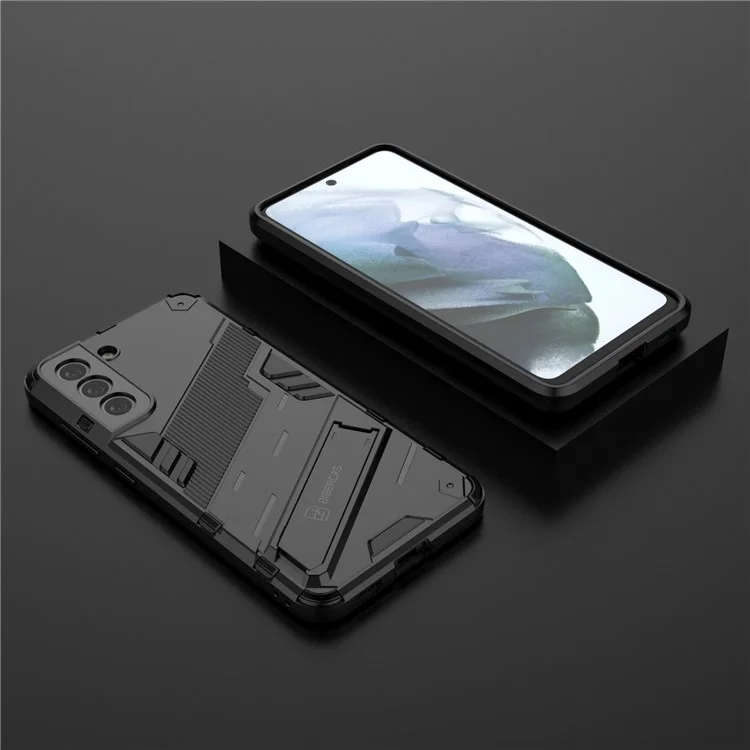 Anti-scratch PC + TPU Hybrid Phone Back Case Shockproof Cover with Kickstand for Samsung Galaxy S21 FE - Black