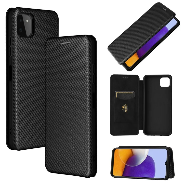 Funda de teléfono de cuero con textura de fibra de carbono antiarañazos y soporte autoadsorble para Samsung Galaxy A22 5G (versión UE) - Negro