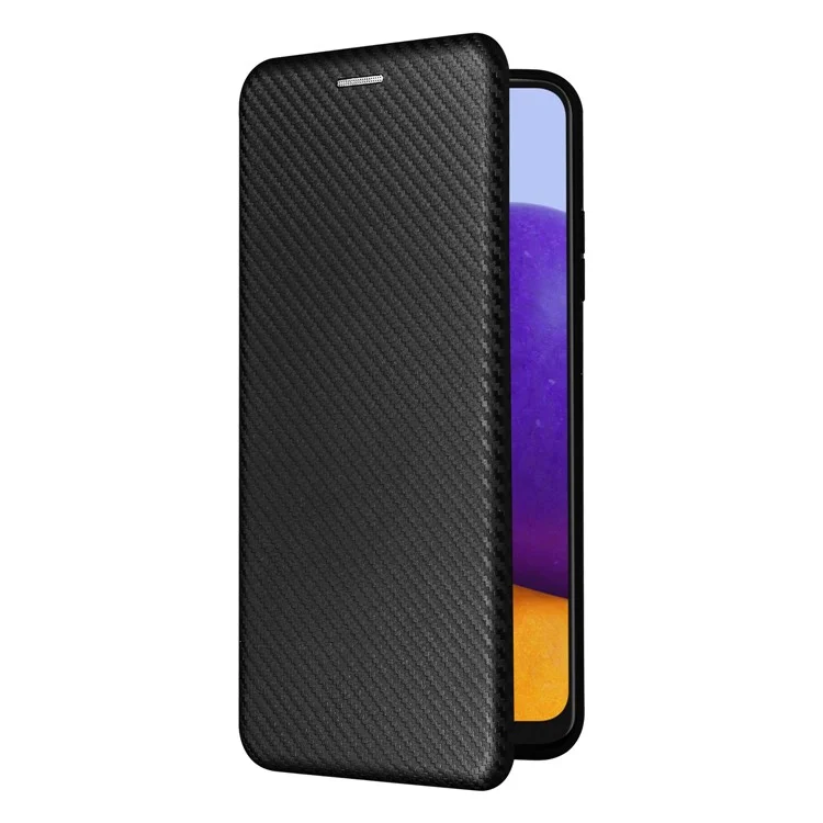 Funda de teléfono de cuero con textura de fibra de carbono antiarañazos y soporte autoadsorble para Samsung Galaxy A22 5G (versión UE) - Negro