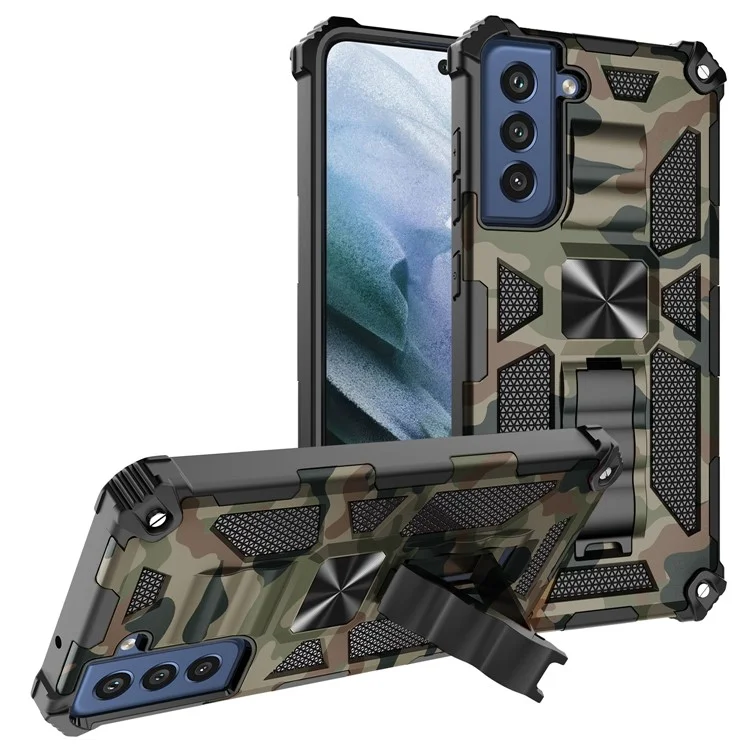 Detectable 2 En 1 Shell Protector De Teléfono De Camuflaje Con Hoja De Imán Para Samsung Galaxy S21 FE - Ejercito Verde
