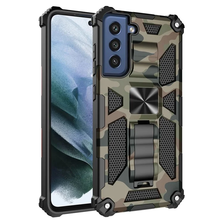 Detectable 2 En 1 Shell Protector De Teléfono De Camuflaje Con Hoja De Imán Para Samsung Galaxy S21 FE - Ejercito Verde