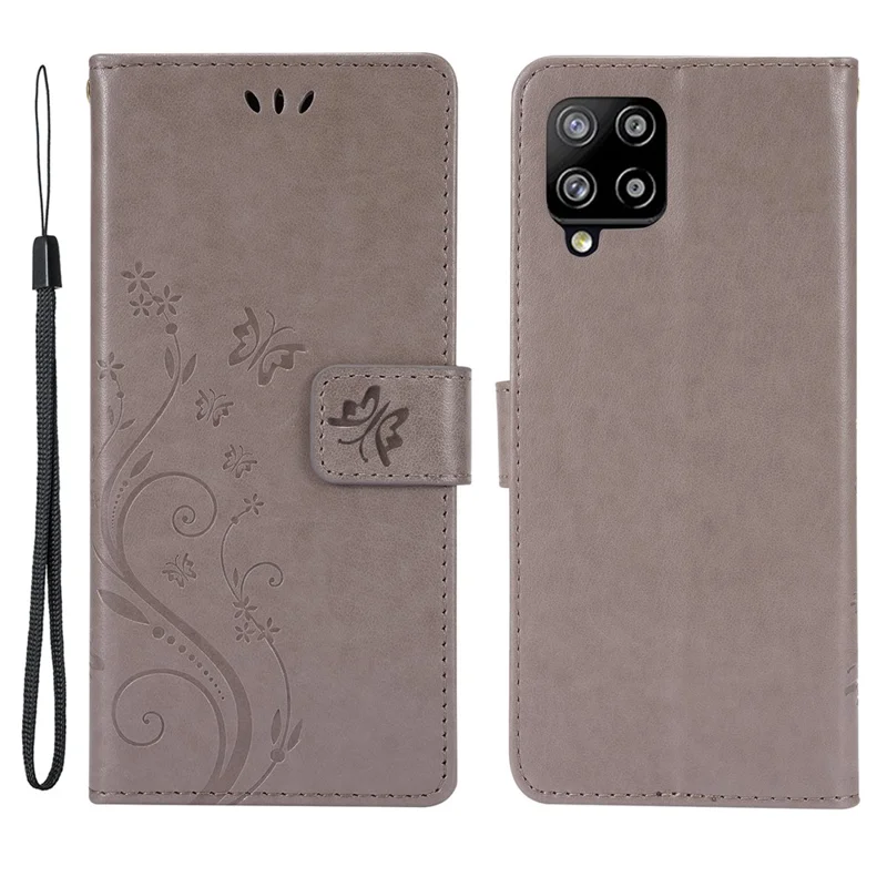 Butterflies and Flower Imprinted Leather Wallet Stand Case for Samsung Galaxy A42 5G - Grey
