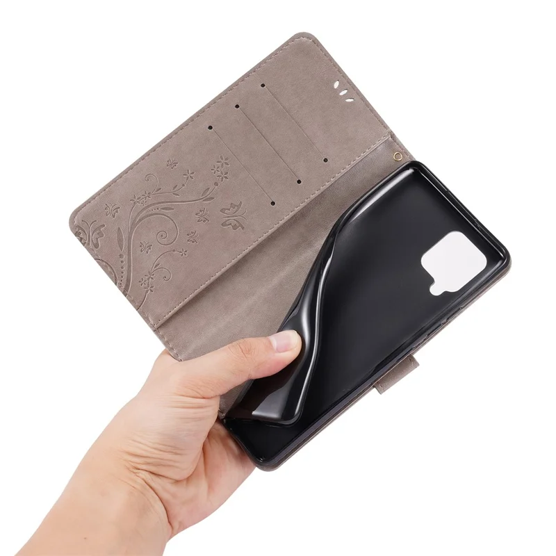 Butterflies and Flower Imprinted Leather Wallet Stand Case for Samsung Galaxy A42 5G - Grey