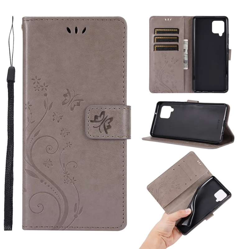 Butterflies and Flower Imprinted Leather Wallet Stand Case for Samsung Galaxy A42 5G - Grey