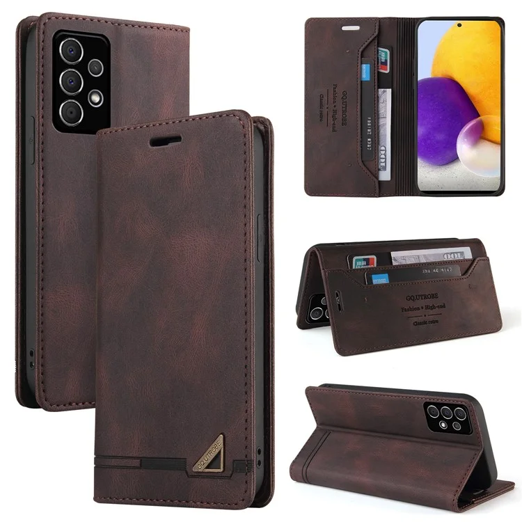 GQ.UTROBE Quality Leather Phone Auto-absorbed Shell Case with Anti-theft Swiping Design for Samsung Galaxy A72 4G/5G - Brown