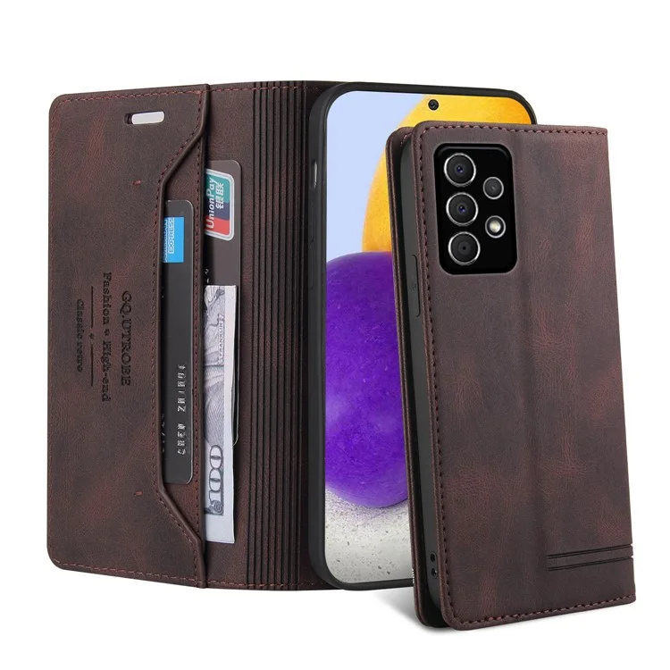GQ.UTROBE Quality Leather Phone Auto-absorbed Shell Case with Anti-theft Swiping Design for Samsung Galaxy A72 4G/5G - Brown