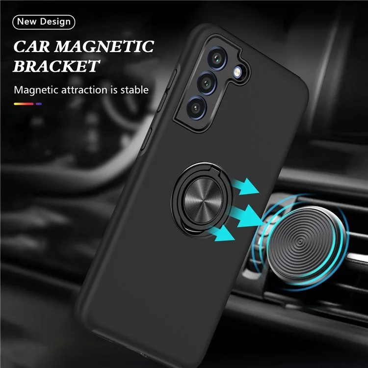 Invisible Ring Kickstand Design Hybrid Mobile Phone Case Cover for Samsung Galaxy S21 FE - Black