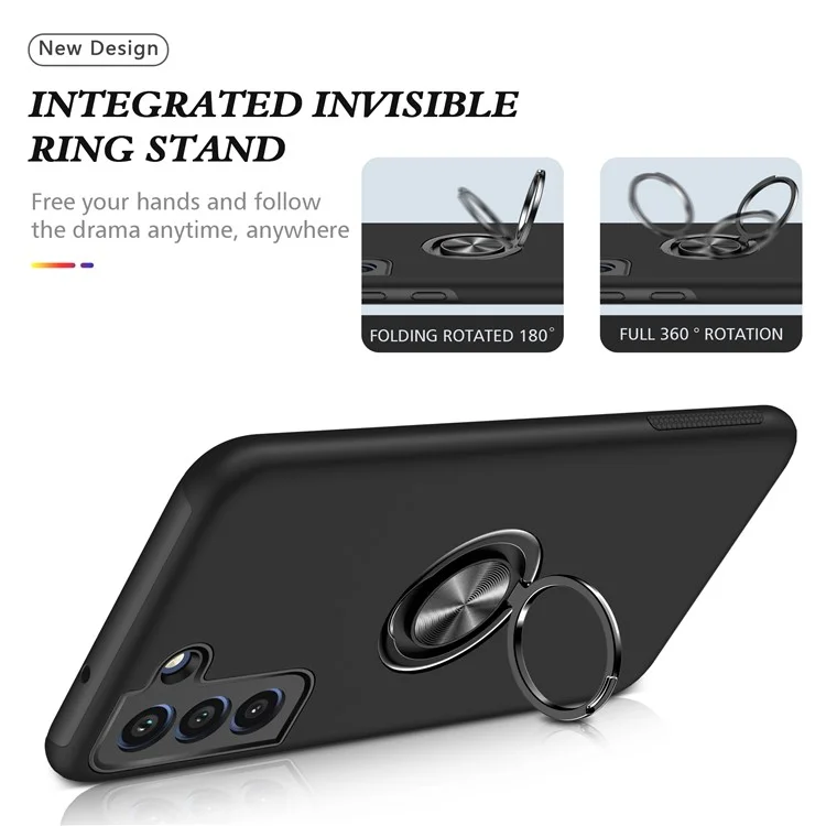 Invisible Ring Kickstand Design Hybrid Mobile Phone Case Cover for Samsung Galaxy S21 FE - Black