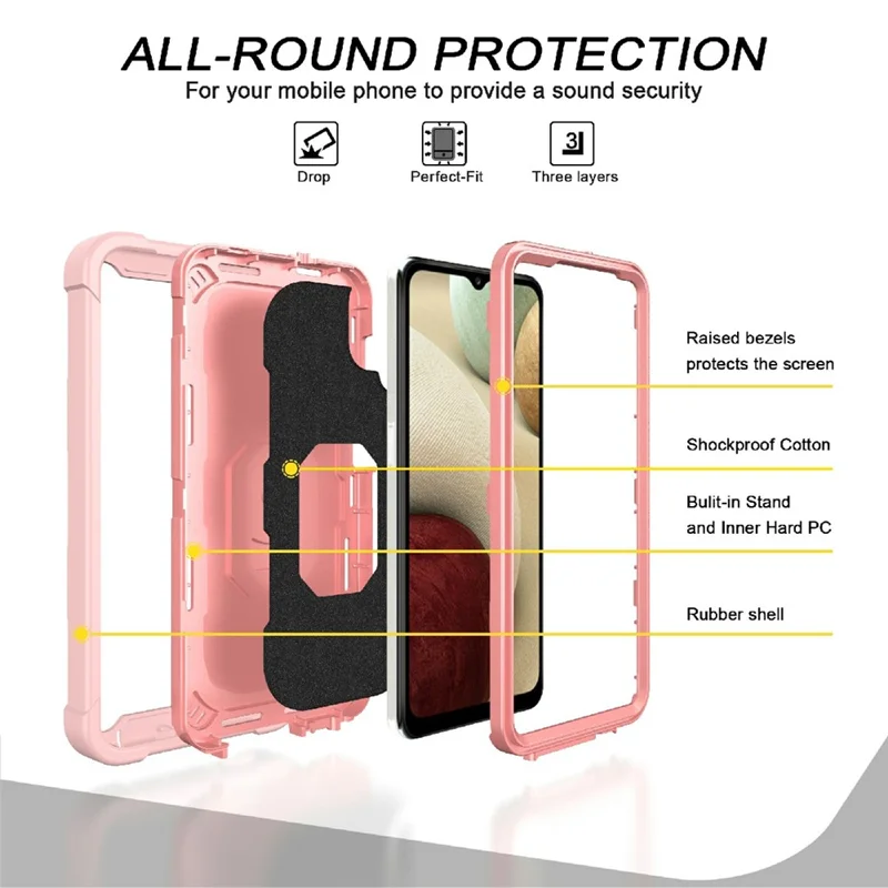 Dual Color Built-in Kickstand Design Shockproof Hybrid Phone Case for Samsung Galaxy A12 - Rose Gold