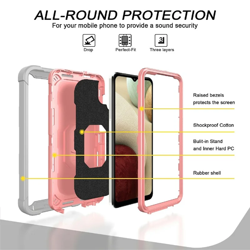 Dual farve indbygget kickstand design stødfast hybridtelefonbeskyttelse til Samsung Galaxy A12 - Grå/Rosegylden