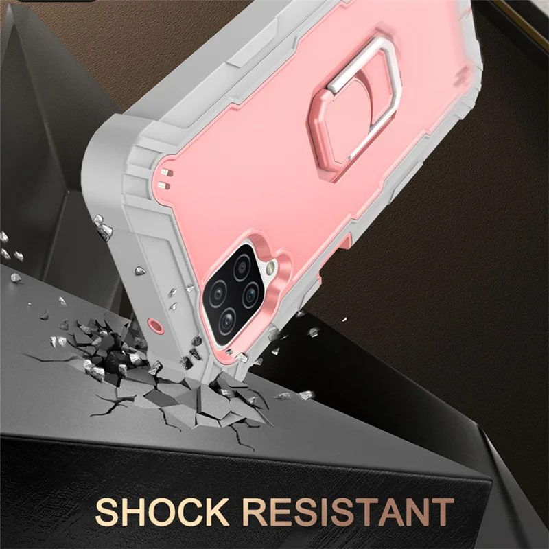 Dual farve indbygget kickstand design stødfast hybridtelefonbeskyttelse til Samsung Galaxy A12 - Grå/Rosegylden