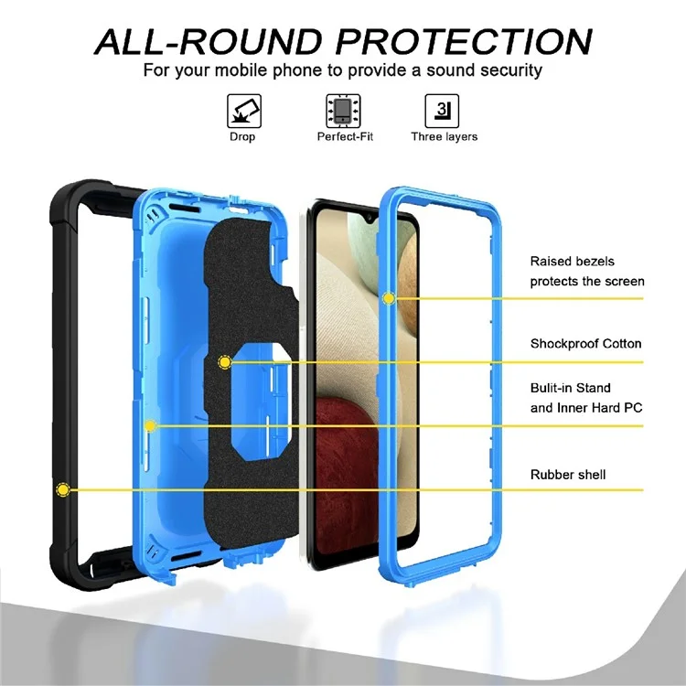 Custodia Ibrida per Telefono con Design Integrato a Due Colori e Supporto Antiurto per Samsung Galaxy A12 - Nero/Blu