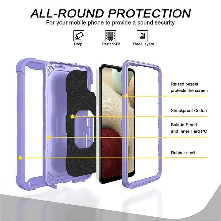 Dual Color Built-in Kickstand Design Shockproof Hybrid Phone Case for Samsung Galaxy A12 - Purple