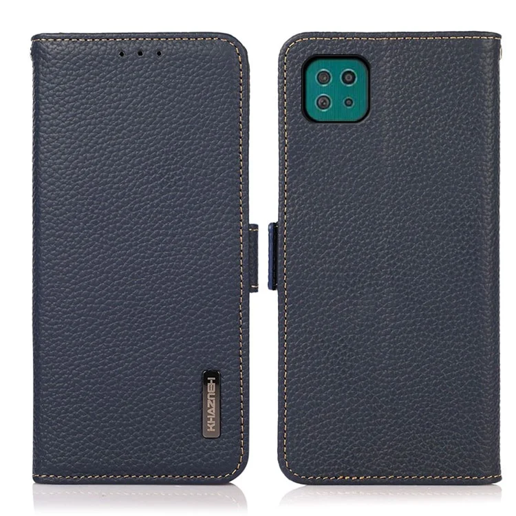 KHAZNEH RFID Blocking Design Litchi Texture Leather Protective Case Stand para Samsung Galaxy A22 5G (Versión EU) - Azul