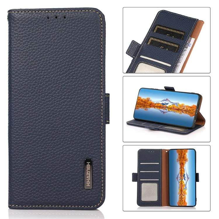 KHAZNEH RFID Blocking Design Litchi Texture Leather Protective Case Stand para Samsung Galaxy A22 5G (Versión EU) - Azul