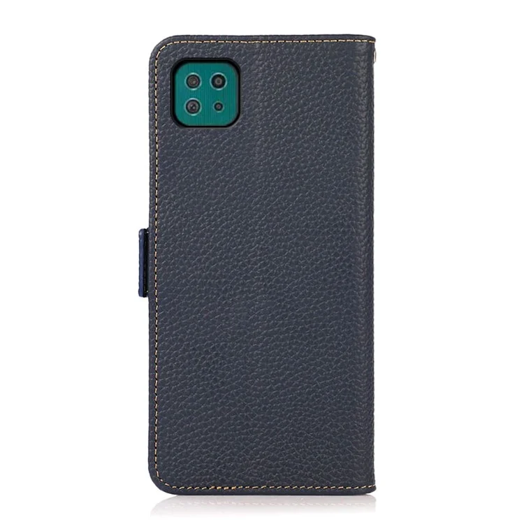 KHAZNEH RFID Blocking Design Litchi Texture Leather Protective Case Stand para Samsung Galaxy A22 5G (Versión EU) - Azul