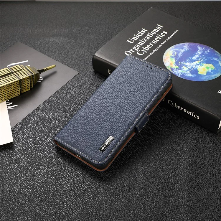 KHAZNEH RFID Blocking Design Litchi Texture Leather Protective Case Stand para Samsung Galaxy A22 5G (Versión EU) - Azul