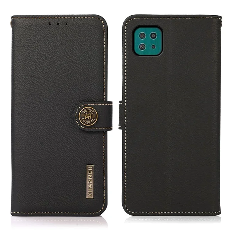 KHAZNEH Textured Genuine Leather Cell Phone Covering Case with RFID Anti-theft Swiping Design for Samsung Galaxy A22 5G (EU Version) - Black