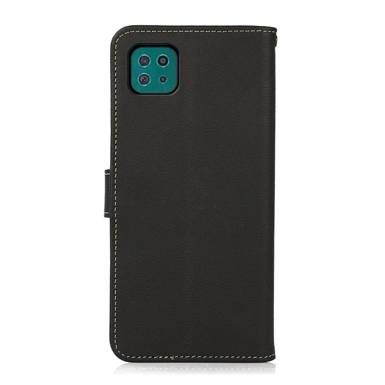KHAZNEH Textured Genuine Leather Cell Phone Covering Case with RFID Anti-theft Swiping Design for Samsung Galaxy A22 5G (EU Version) - Black