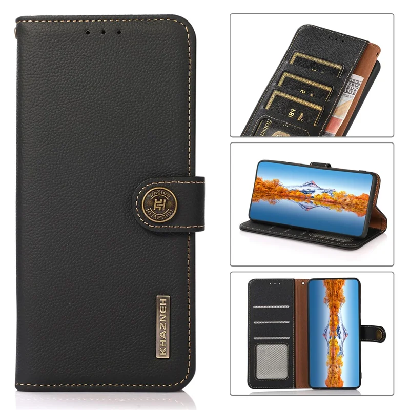 KHAZNEH Wallet Phone Case Genuine Leather Phone Shell with RFID Anti-theft Swiping Design for Samsung Galaxy A32 4G - Black