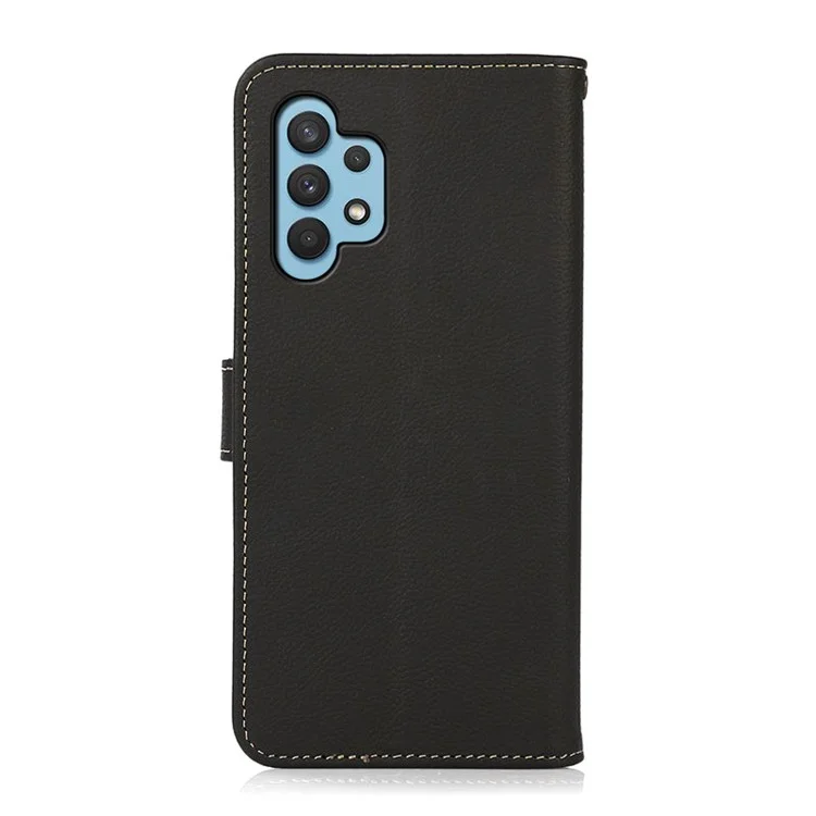 KHAZNEH Wallet Phone Case Genuine Leather Phone Shell with RFID Anti-theft Swiping Design for Samsung Galaxy A32 4G - Black