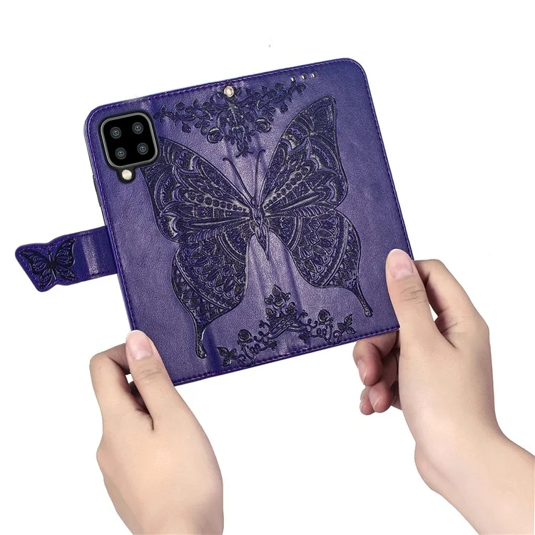 Big Butterfly Spruding Lederständer Design Phone Wallet Shell Für Samsung Galaxy A22 4G (EU -version) - Dunkelviolett