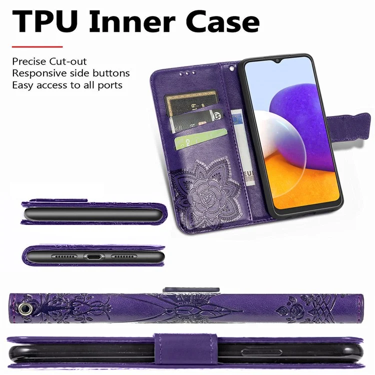 Big Butterfly Imprinting Stand Design Design Ponete Ghell Per Samsung Galaxy A22 4G (versione Ue) - Viola Scuro
