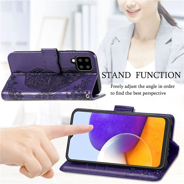 Big Butterfly Spruding Lederständer Design Phone Wallet Shell Für Samsung Galaxy A22 4G (EU -version) - Dunkelviolett