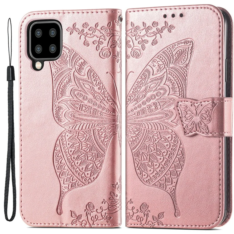 Big Butterfly Imprinting Stand Design Design Ponete Ghell Per Samsung Galaxy A22 4G (versione Ue) - Oro Rosa