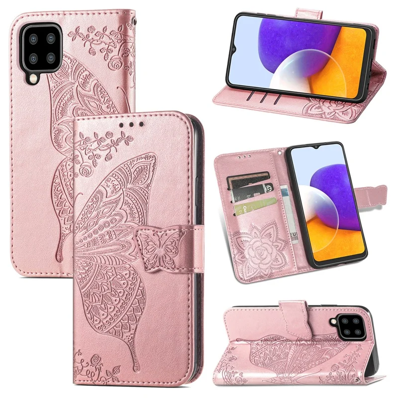 Big Butterfly Imprinting Stand Design Design Ponete Ghell Per Samsung Galaxy A22 4G (versione Ue) - Oro Rosa