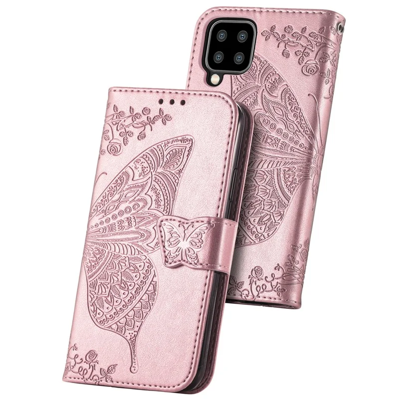 Big Butterfly Imprinting Stand Design Design Ponete Ghell Per Samsung Galaxy A22 4G (versione Ue) - Oro Rosa
