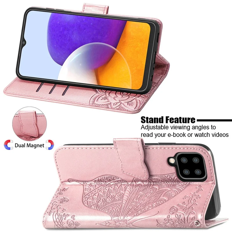 Big Butterfly Imprinting Stand Design Design Ponete Ghell Per Samsung Galaxy A22 4G (versione Ue) - Oro Rosa