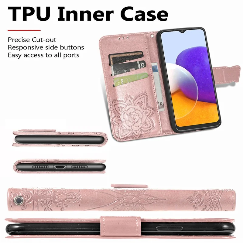 Big Butterfly Imprinting Stand Design Design Ponete Ghell Per Samsung Galaxy A22 4G (versione Ue) - Oro Rosa