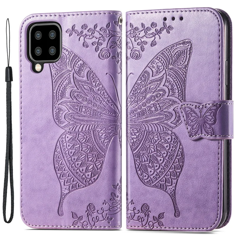 Big Butterfly Imprinting Leather Stand Design Phone Wallet Shell for Samsung Galaxy A22 4G (EU Version) - Light Purple