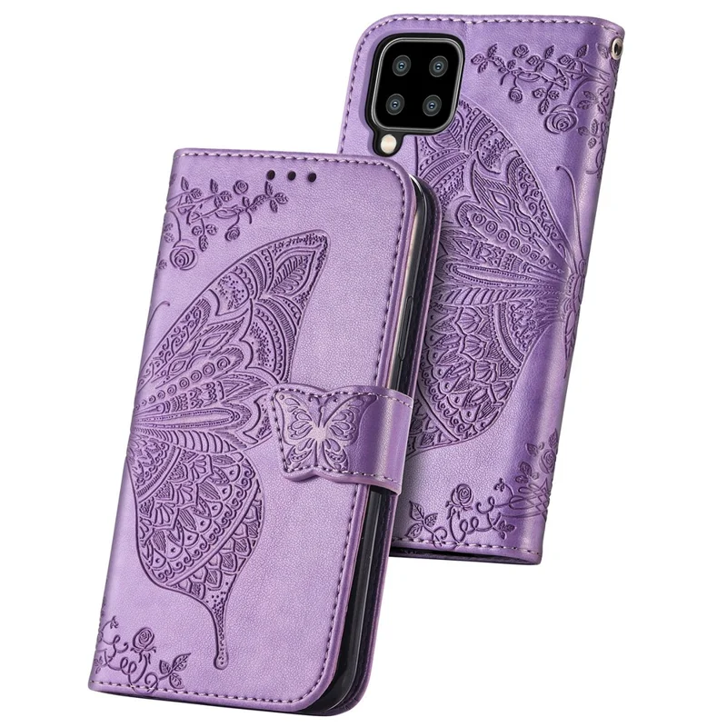 Big Butterfly Imprinting Leather Stand Design Phone Wallet Shell for Samsung Galaxy A22 4G (EU Version) - Light Purple