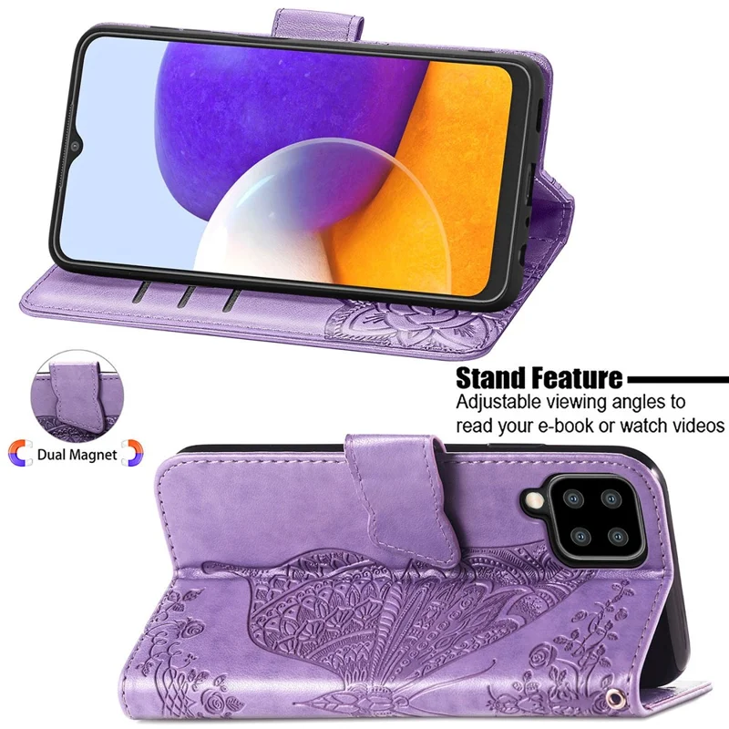 Big Butterfly Imprinting Leather Stand Design Phone Wallet Shell for Samsung Galaxy A22 4G (EU Version) - Light Purple