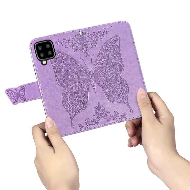 Big Butterfly Imprinting Leather Stand Design Phone Wallet Shell for Samsung Galaxy A22 4G (EU Version) - Light Purple
