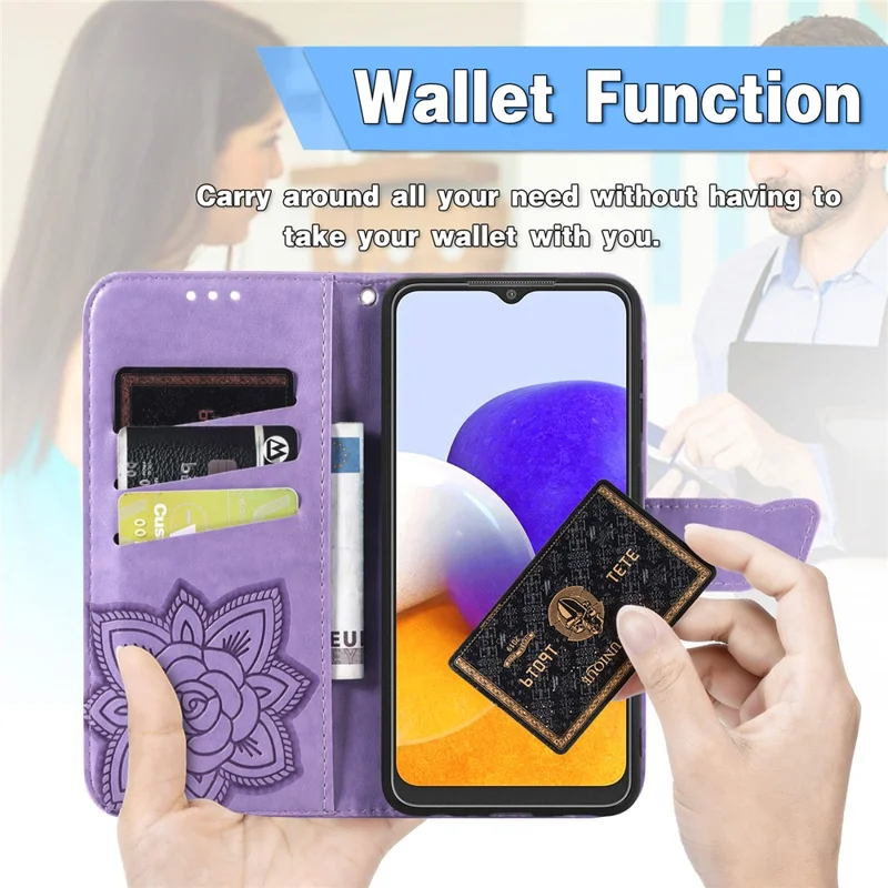Big Butterfly Imprinting Leather Stand Design Phone Wallet Shell for Samsung Galaxy A22 4G (EU Version) - Light Purple