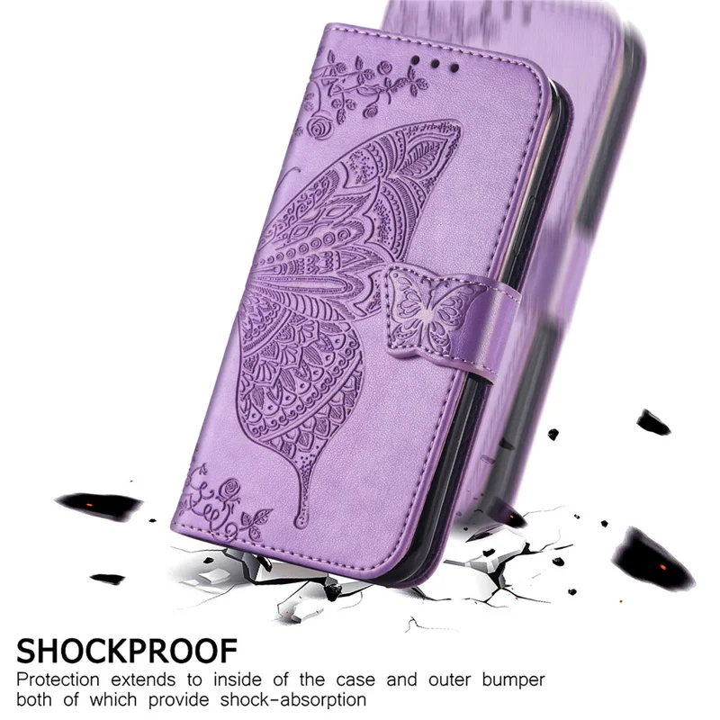 Big Butterfly Imprinting Leather Stand Design Phone Wallet Shell for Samsung Galaxy A22 4G (EU Version) - Light Purple